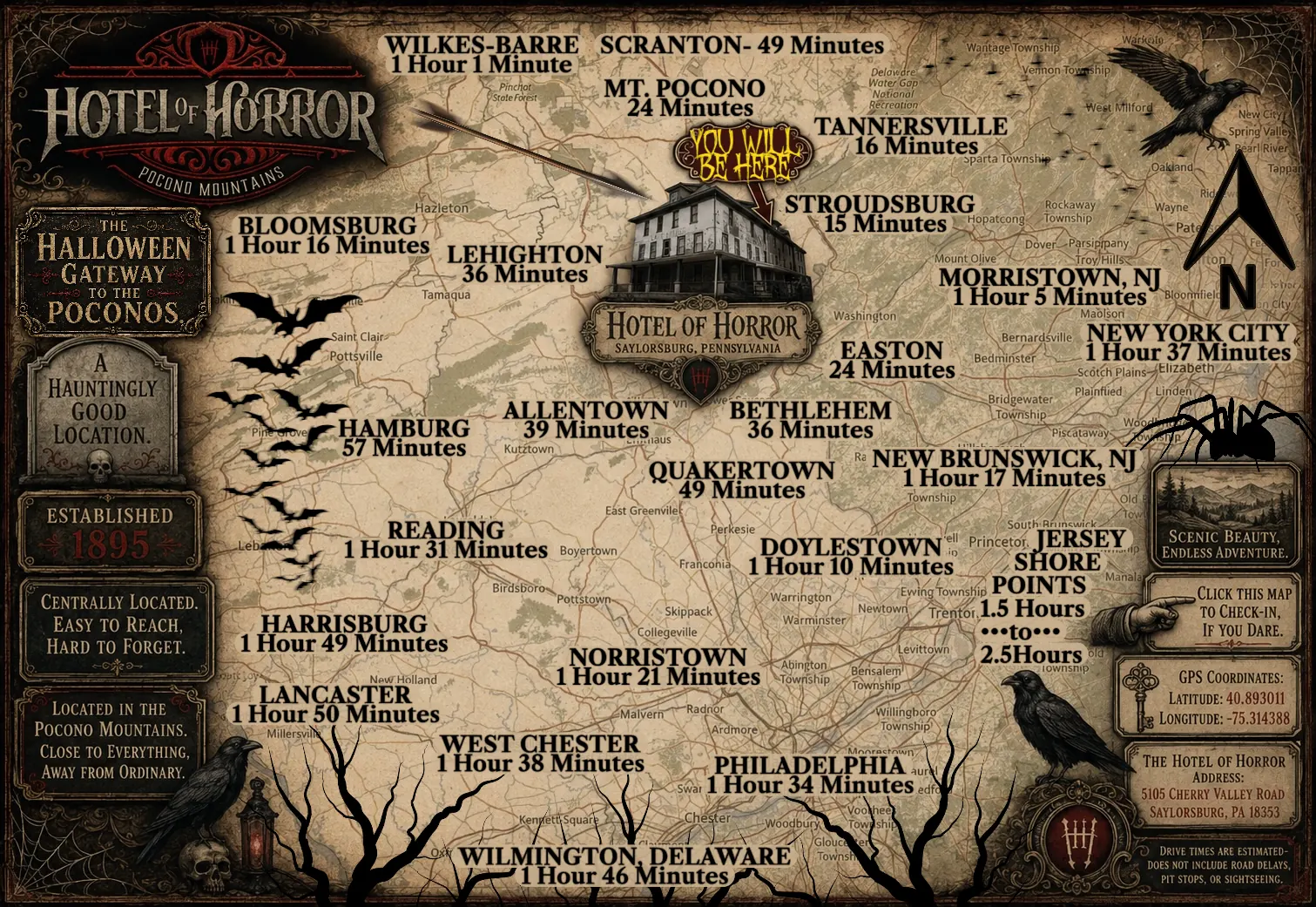 Hotel of Horror Haunted House Radius Map with Estimated Travel Times