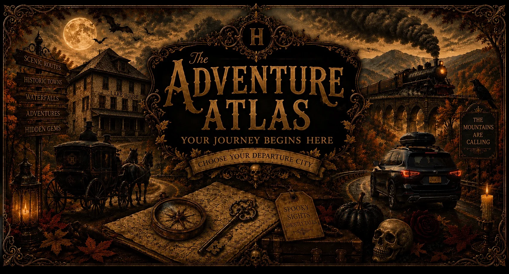 Adventure Atlas hero image "Your journey begins here" for Hotel of Horror haunted house