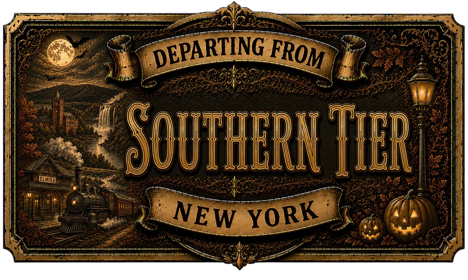 Adventure Atlas Southern Tier New York departing sign for the Hotel of Horror