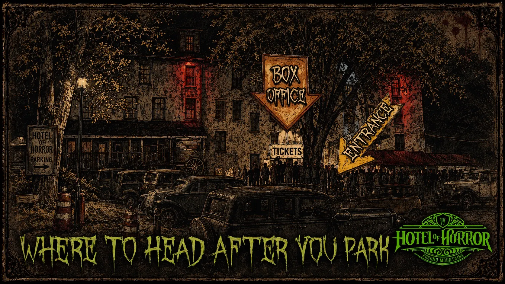 Hotel of Horror illustrated graphic of Box Office location upon arrival