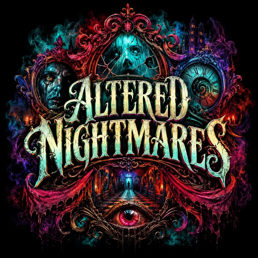 Altered Nightmares Haunted House Attraction Graphic featuring apparitions, occult imagery, and clocks in a blacklight color way
