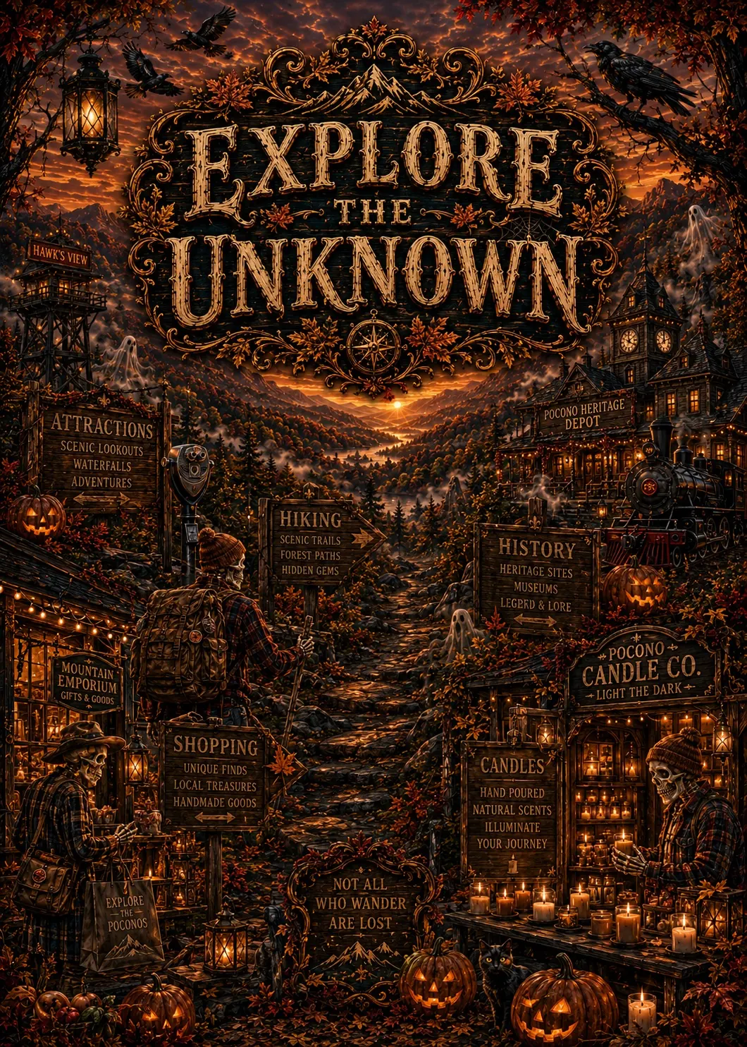 Illustrated graphic for Places to Explore in the Pocono Mountains of Pennsylvania 