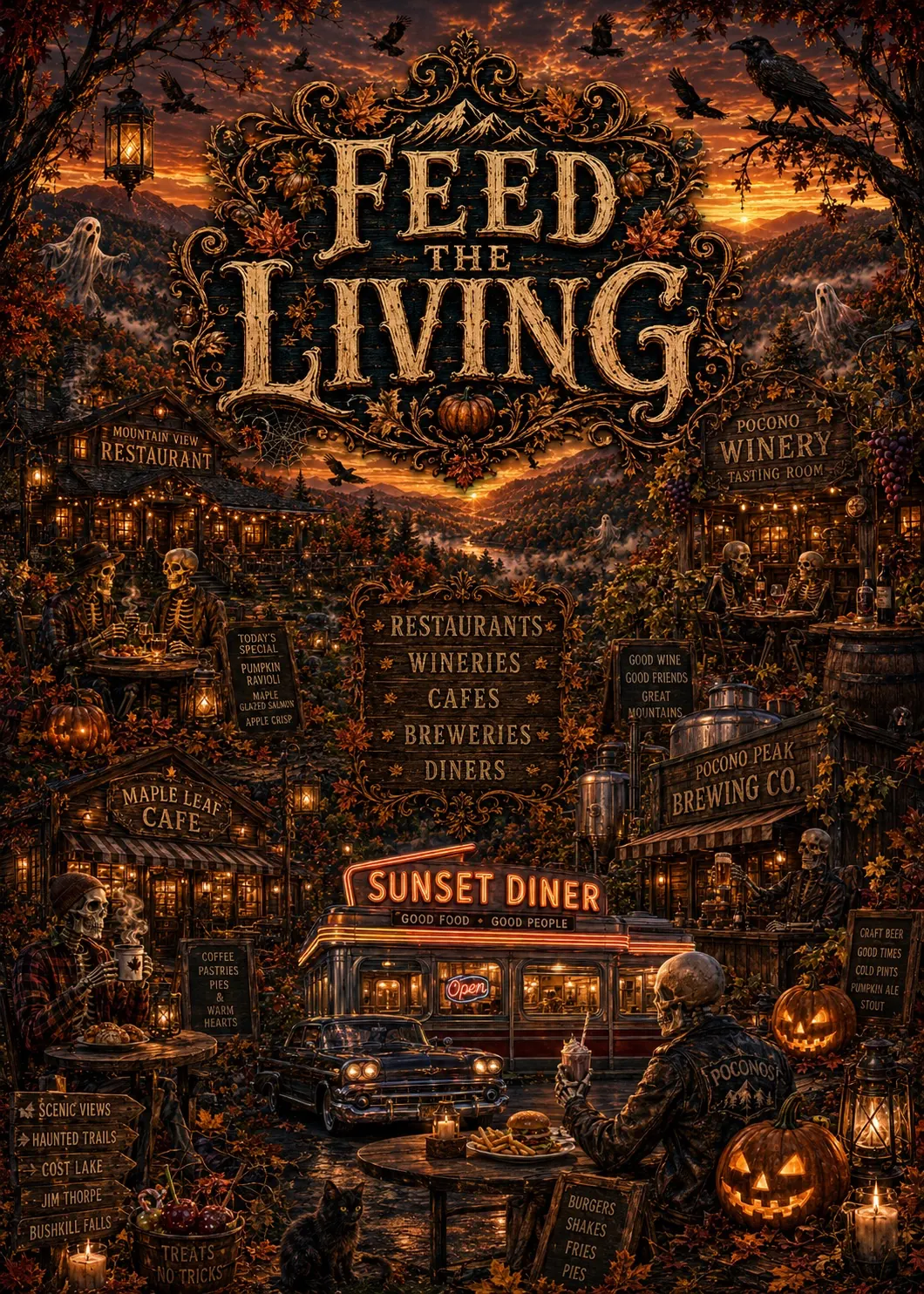 Illustrated graphic of places to eat in the Pocono Mountains this fall