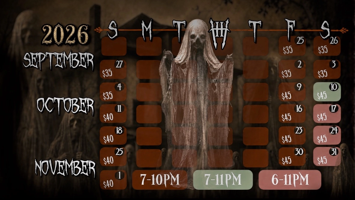 Hotel of Horror 2026 Season Calendar Graphic featuring a creepy ageless ghost