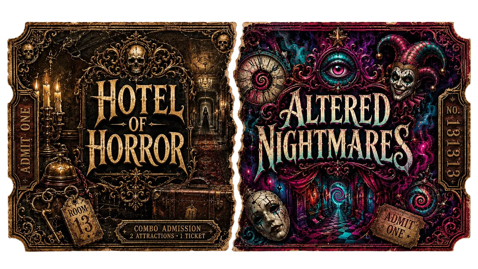 Torn combo admission ticket graphic for Hotel of Horror and Altered Nightmares haunted attractions in Saylorsburg, Pennsylvania