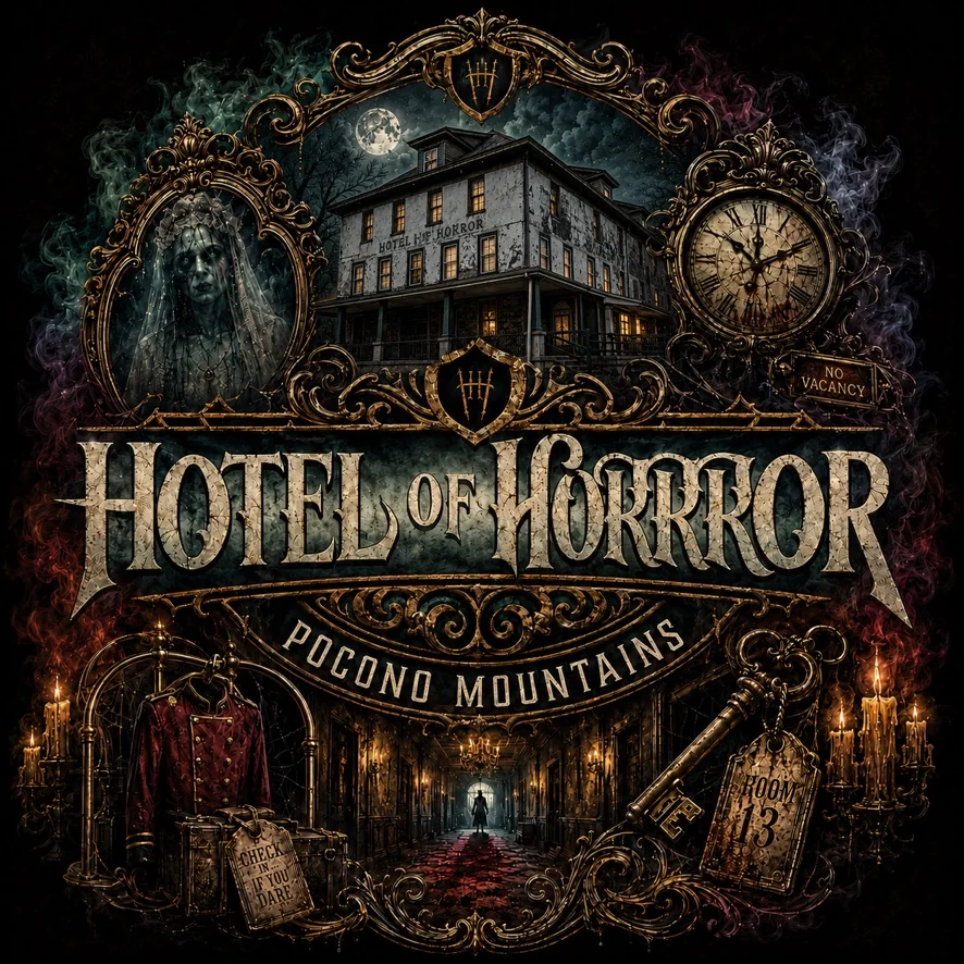 Hotel of Horror Haunted House Attraction Graphic featuring the building, clocks, hotel hospitality ephemera, and apparition