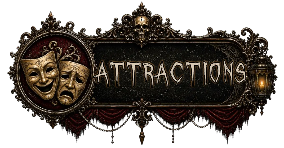 Hotel of Horror Attractions Button with theater masks in a Victorian Gothic Aesthetic