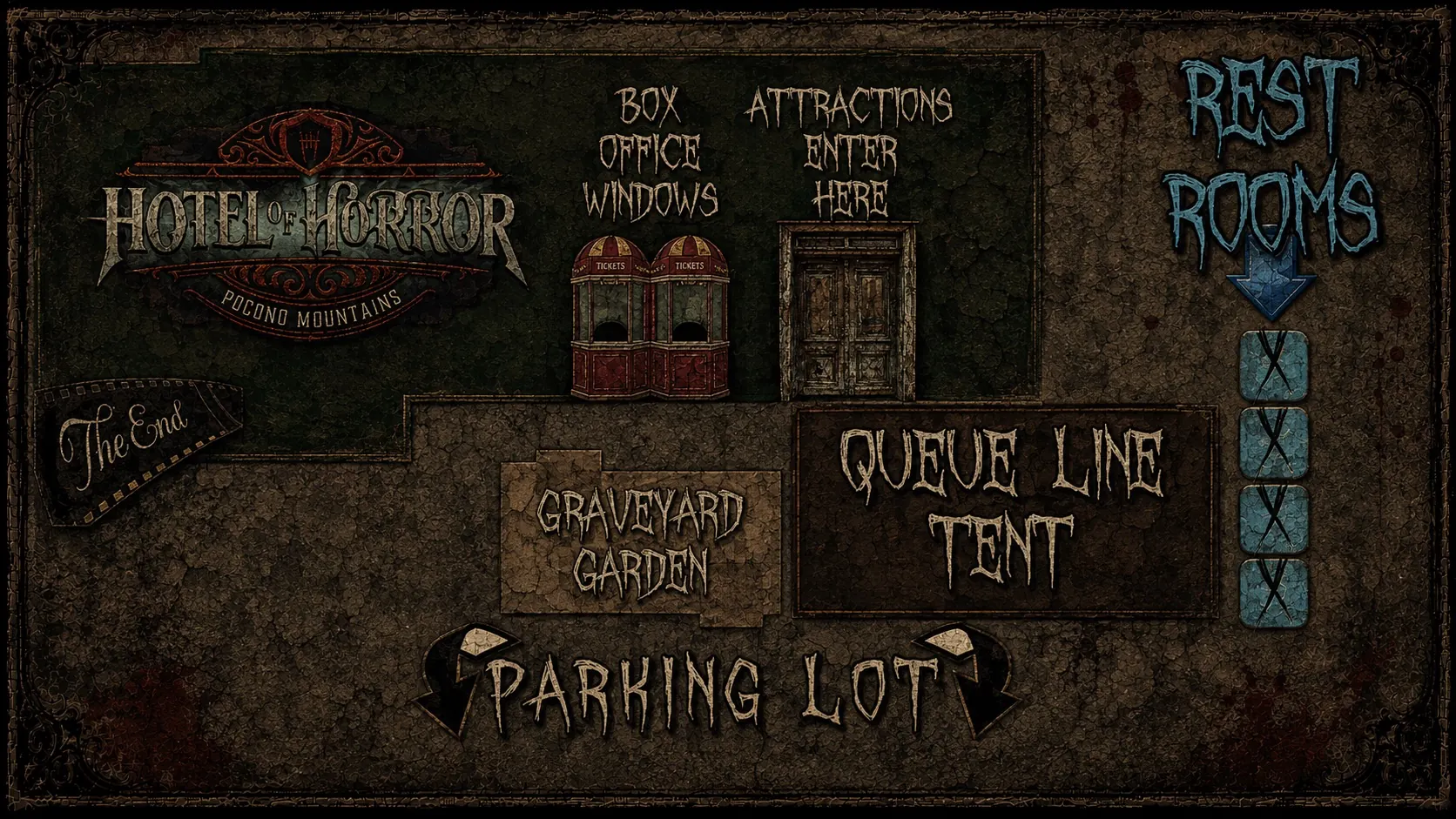 Hotel of Horror Haunted House Illustrated Graphic of Rest Room Location 