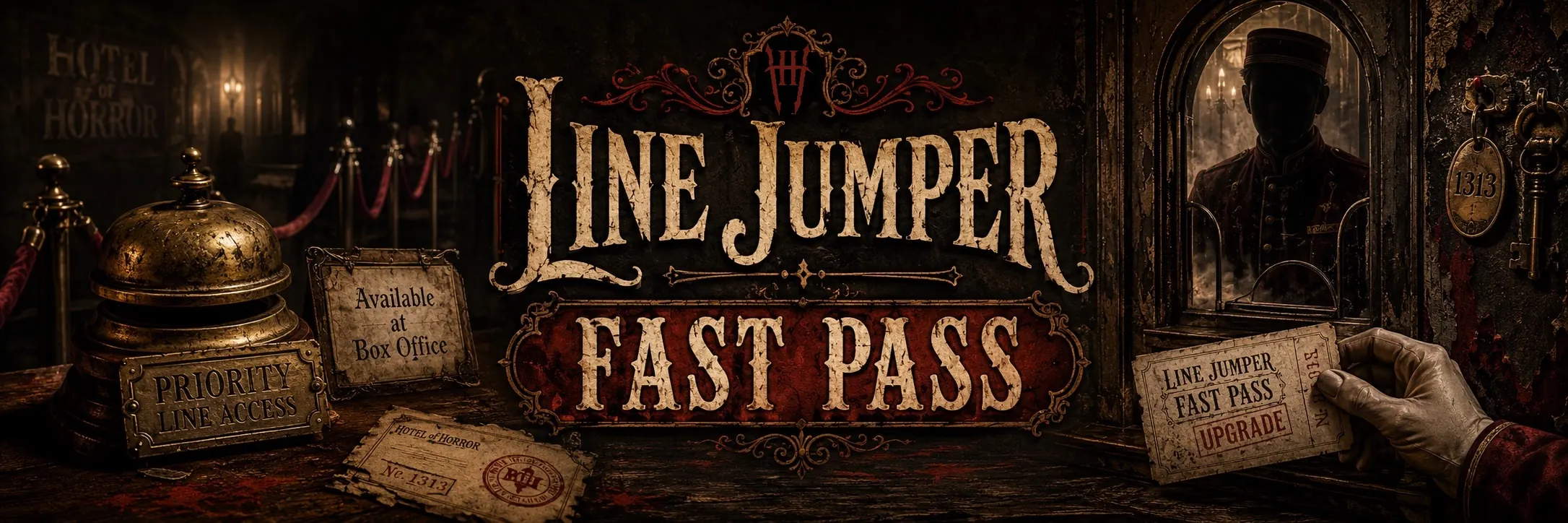 Hotel of Horror Line Jumper Fast Pass Banner in a victorian gothic horror aesthetic
