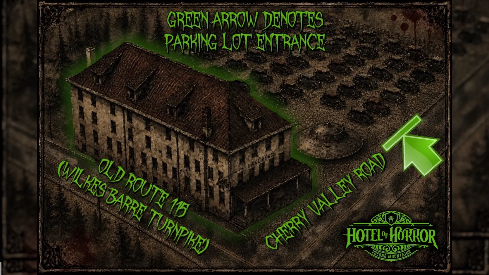 Hotel of Horror Illustrated Parking Graphic featuring the mother ship 