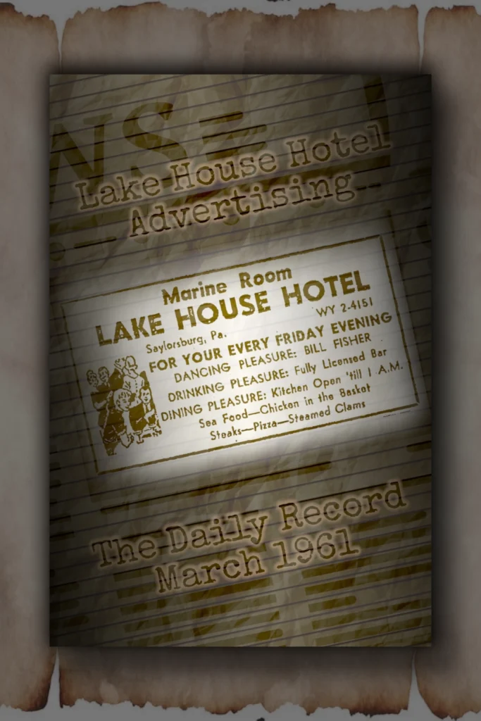 Vintage Lake House Hotel Marine Room advertisement graphic from the Daily Record, March 1961