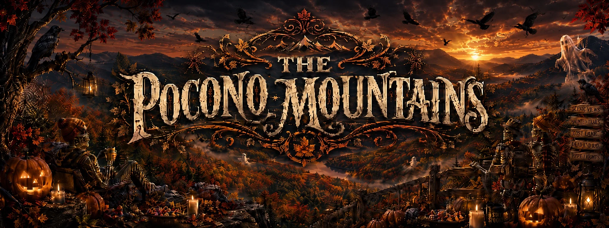 Skeletons enjoying a fall sunset over the Pocono Mountains illustration