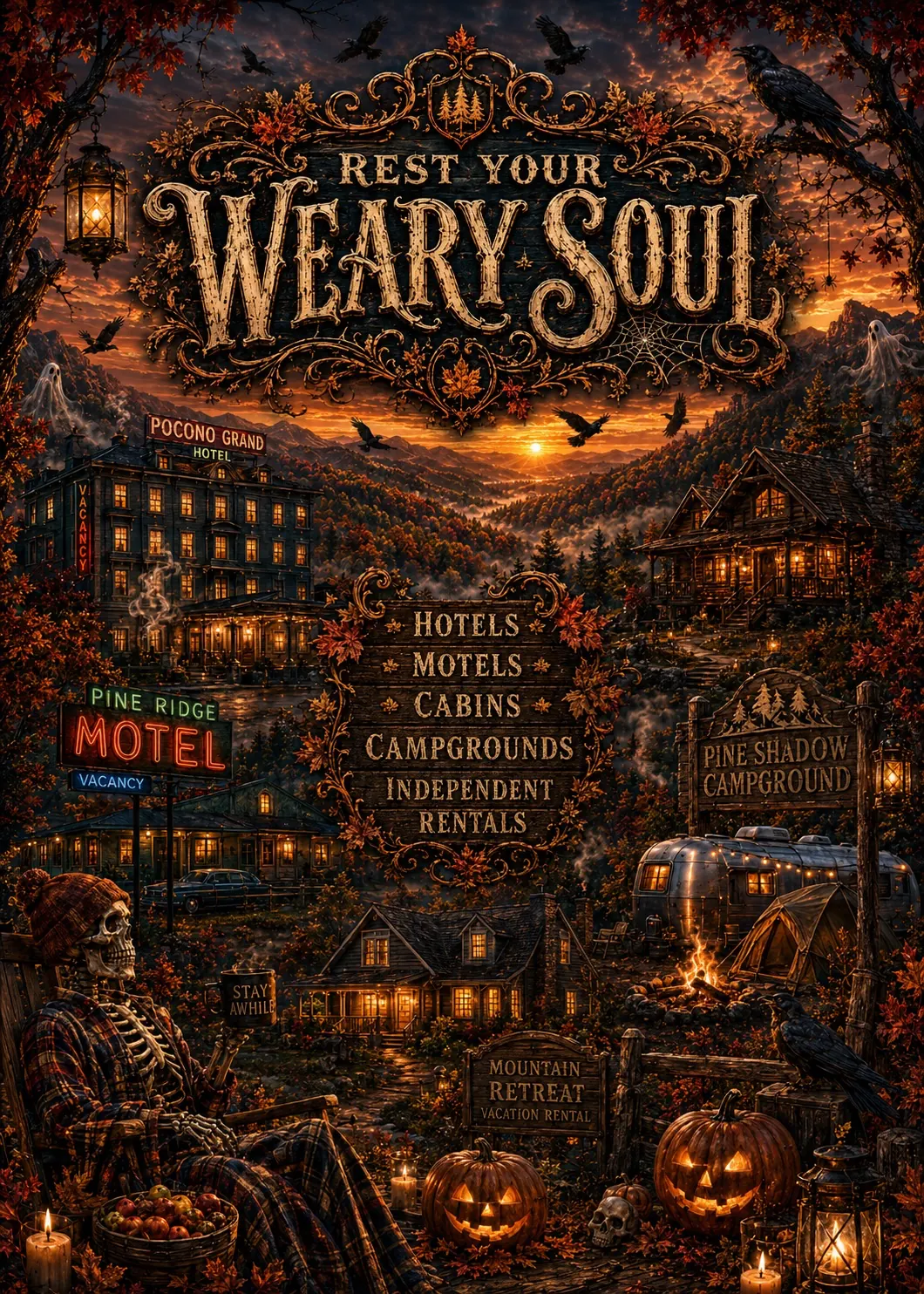 Illustrated graphic of places to stay in the Pocono Mountains this fall
