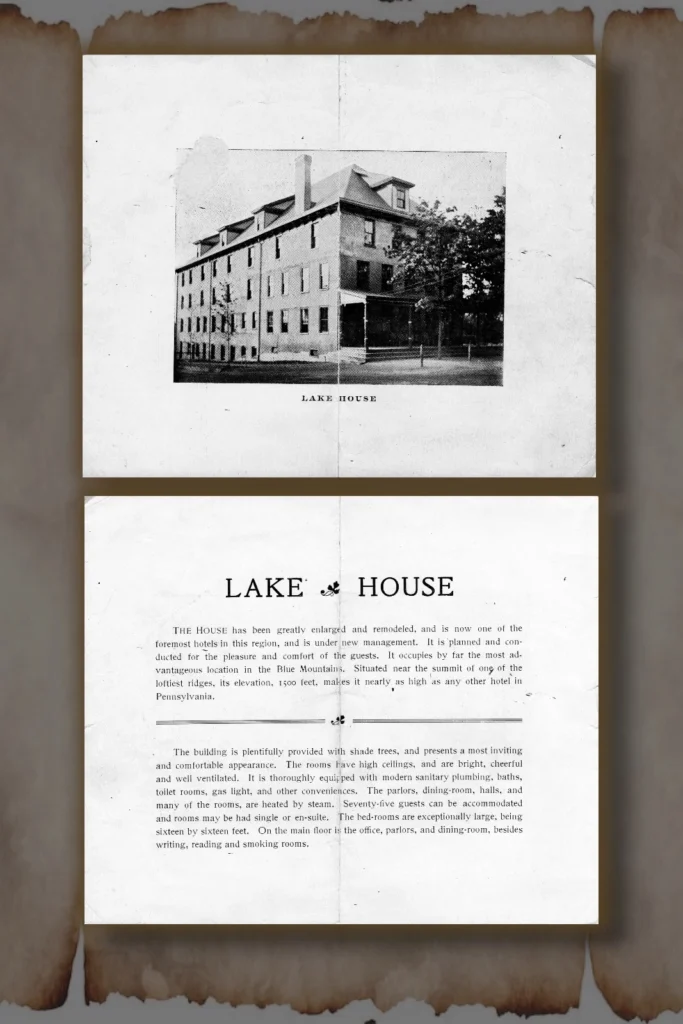 Vintage Lake House Hotel brochure advertisement, pages one and two. Black and white image of the iconic landmark hotel, with text of Lake House