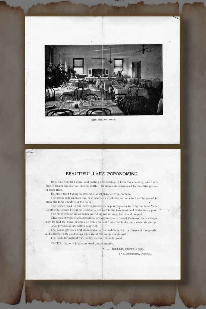 Vintage Lake House Hotel brochure advertisement, pages three and four. Black and white photo of the dining room set for guests and Beautiful Lake Poponoming text