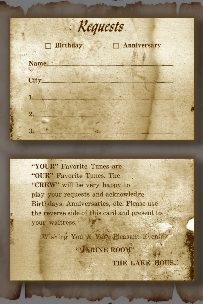Vintage Lake House Hotel Marine Room song request card, exceptionally aged. 