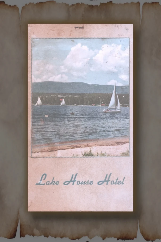 Cover of a vintage Lake House Hotel menu featuring an image of Saylor's Lake with sail boats on a beautiful summer day in the mountains