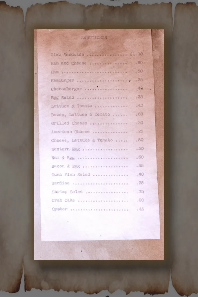 Page One of a vintage Lake House Hotel menu. Examples: Ham & Cheese $.50, Cheese Burger $.40, BLT $.60, Shrimp Salad $.75