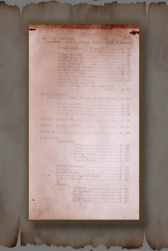 Page Two of a vintage Lake House Hotel menu. Examples: Fried Shrimp $.90, Steamed Clams $.75, Pizza $.95, Chicken in the Basket $1.35