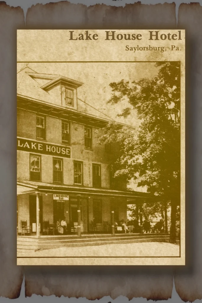 Front cover of a vintage Lake House Hotel menu. Historic Image of the Lake House with people in period clothing enjoying the porch.