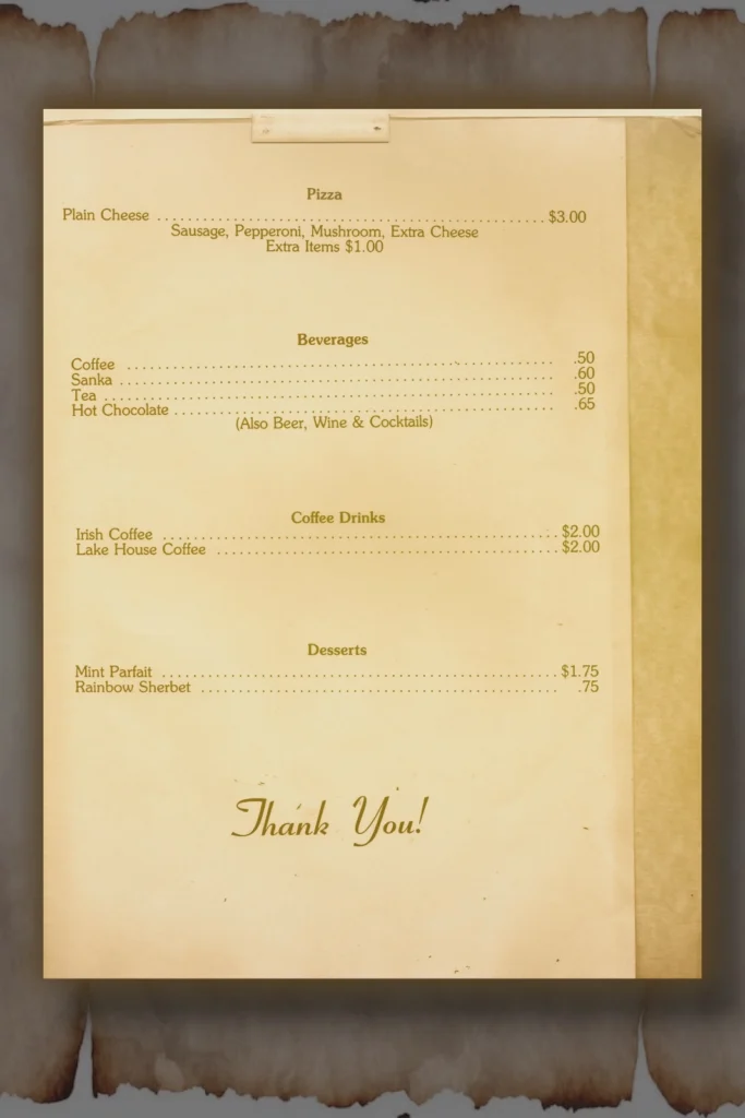 Page Two of a vintage Lake House Hotel menu. Examples: Pizza $3, Coffee & Tea $.50, Rainbow Sherbet $.75