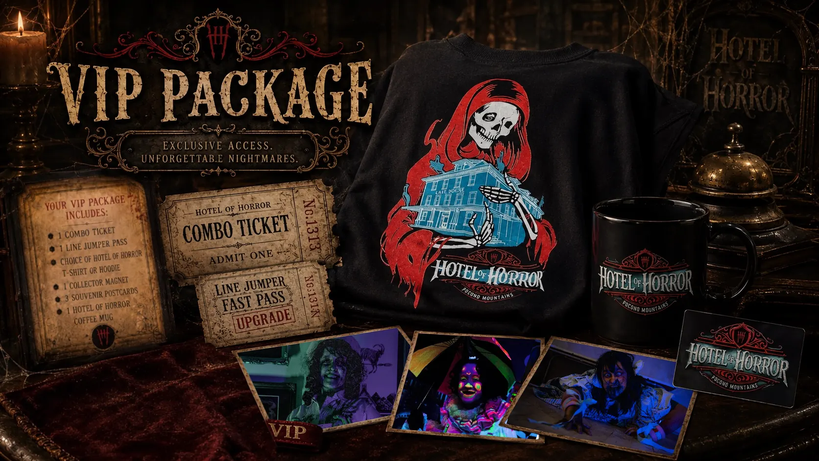 Hotel of Horror Haunted House VIP Package Graphic featuring merch shirt, magnet, mug, and postcards