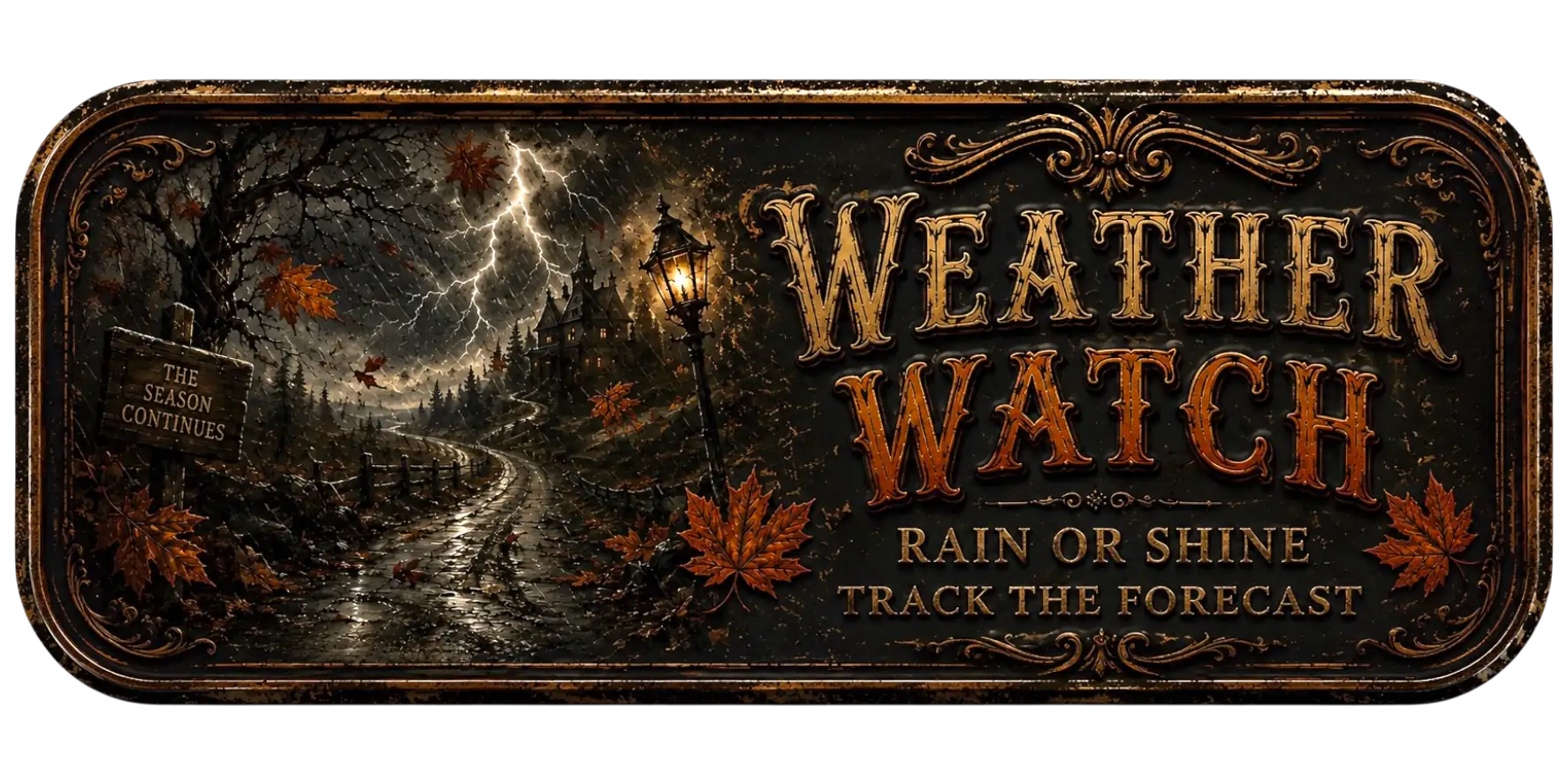 Hotel of Horror Weather Watch Button featuring a dark stormy night over the mountains.