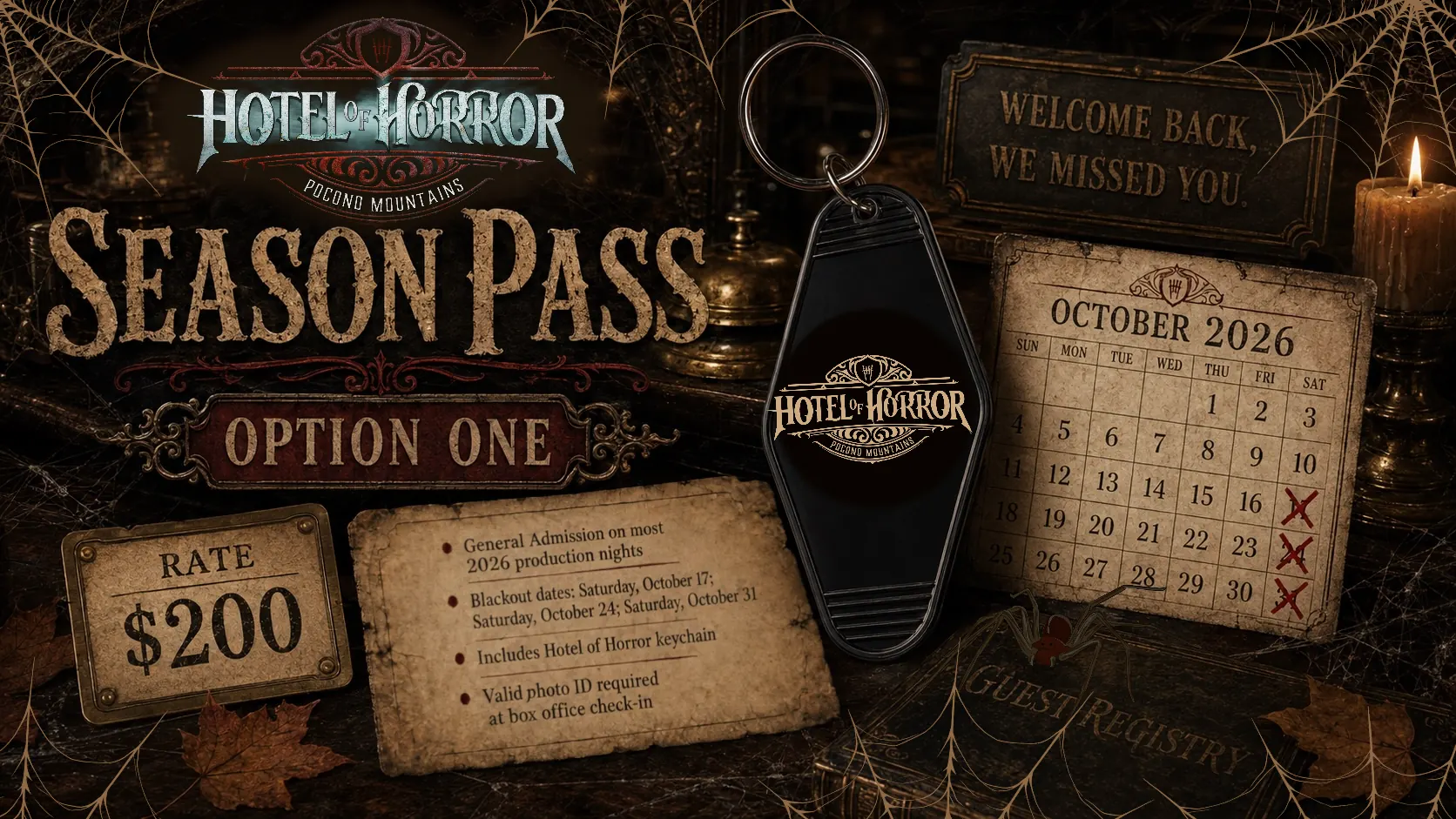 Hotel of Horror Season Pass Option One Graphic featuring a vintage hotel style keychain