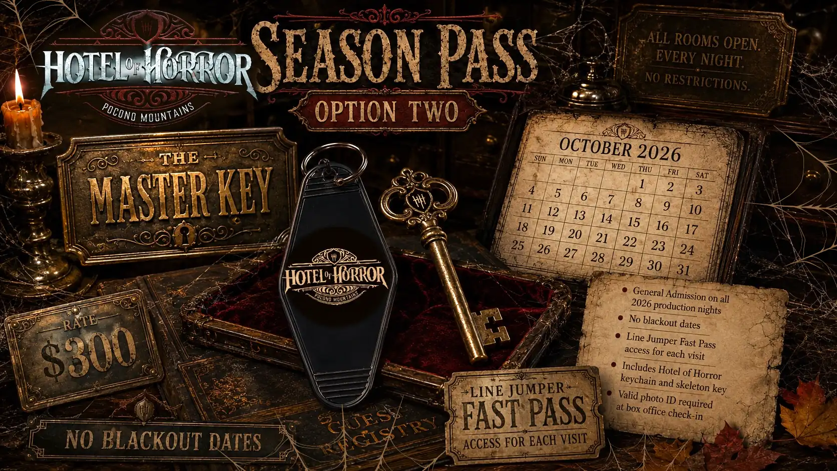 Hotel of Horror Season Pass Option Two Graphic featuring a vintage style hotel key chain and skeleton key for The Master Key Offer