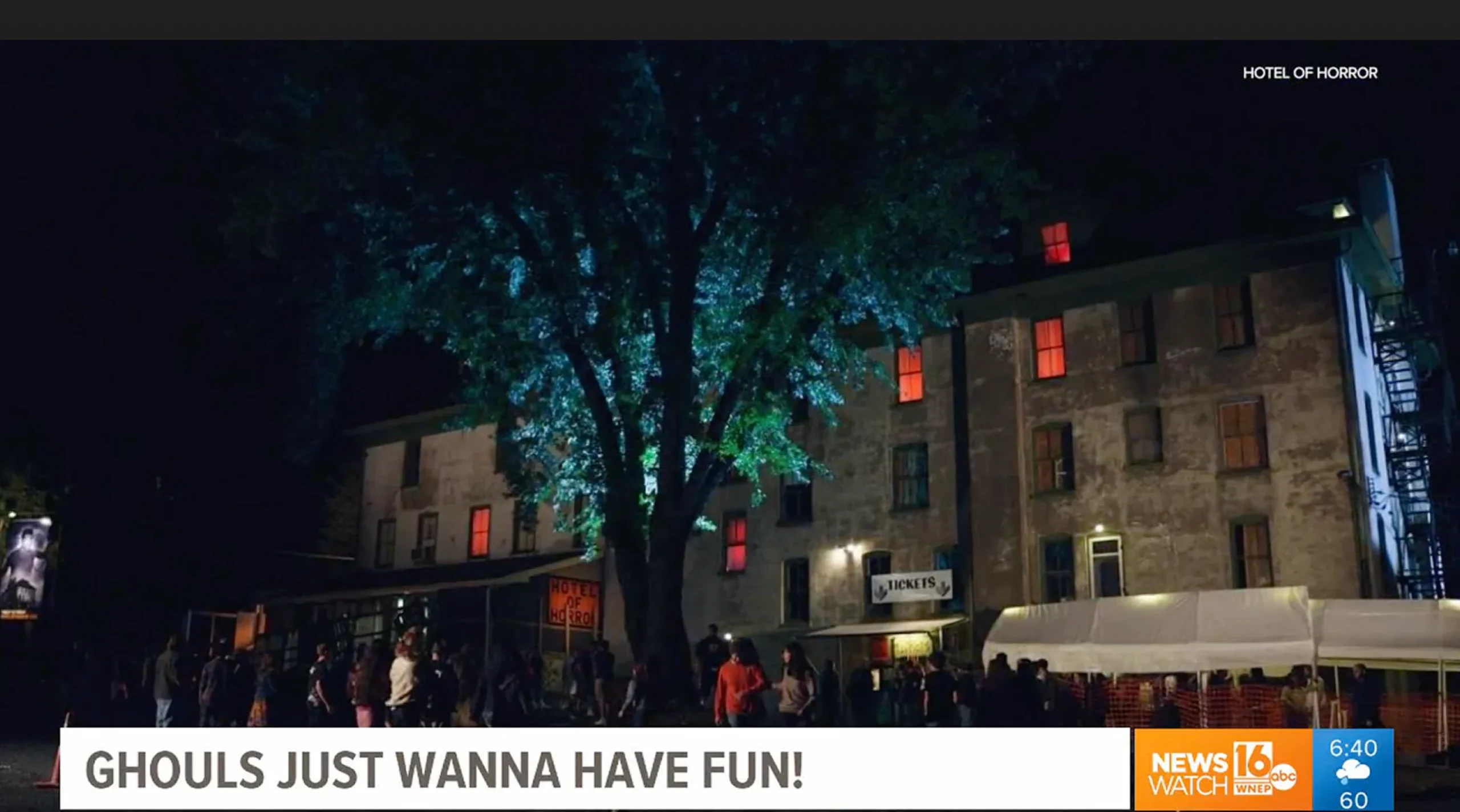 Hotel of Horror Haunted House WNEP Channel 16 Morning Feature Banner showing the Hotel exterior at night
