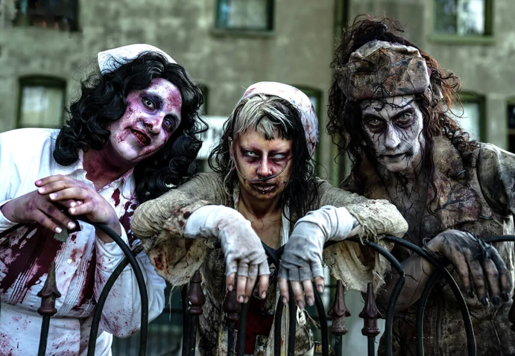 Hotel of Horror Haunted House Featured Image of three morbid nurses for Yelp's 20 Scariest Haunted Houses Editorial
