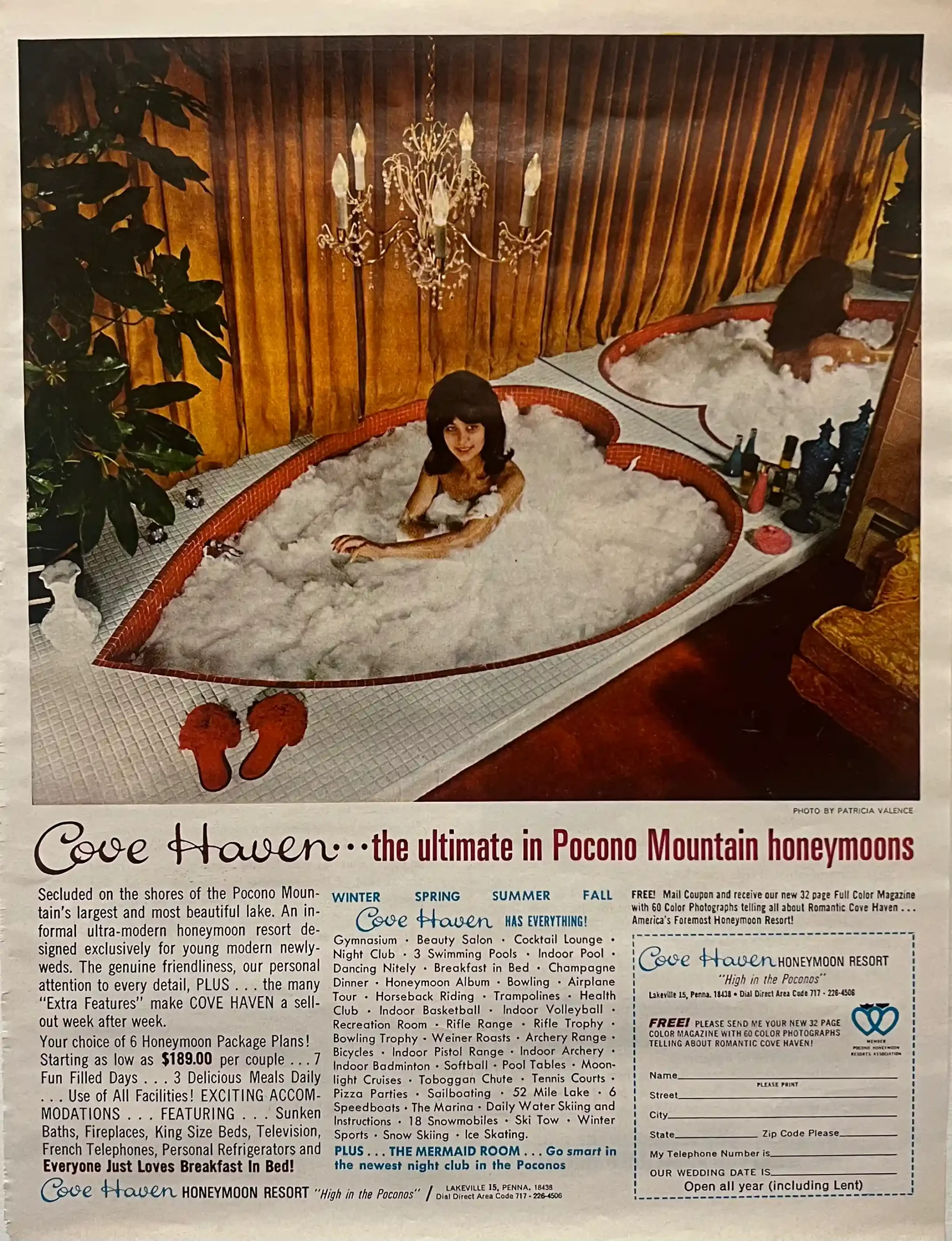 cove-haven-antique-advertisement-scan Antique Cove Haven Advertisement from Bride's Magazine, May 1969 featuring a brunette modeling in the red heart tub for Cove Haven