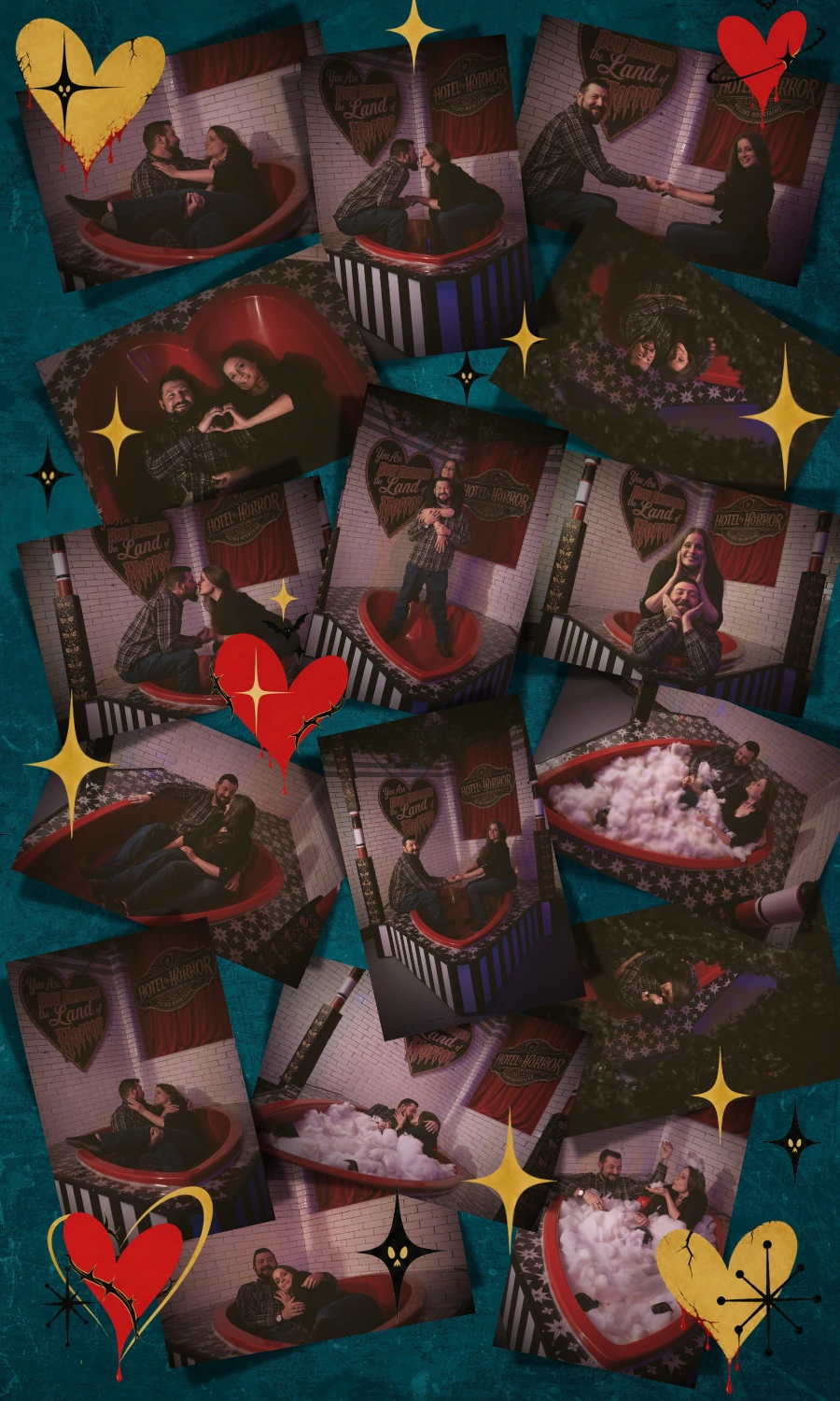 hotel-of-horror-heart-shaped-tub-collage Collage featuring models posing in the Poconos heart-shaped tub in the Hotel of Horror Haunted House Attraction