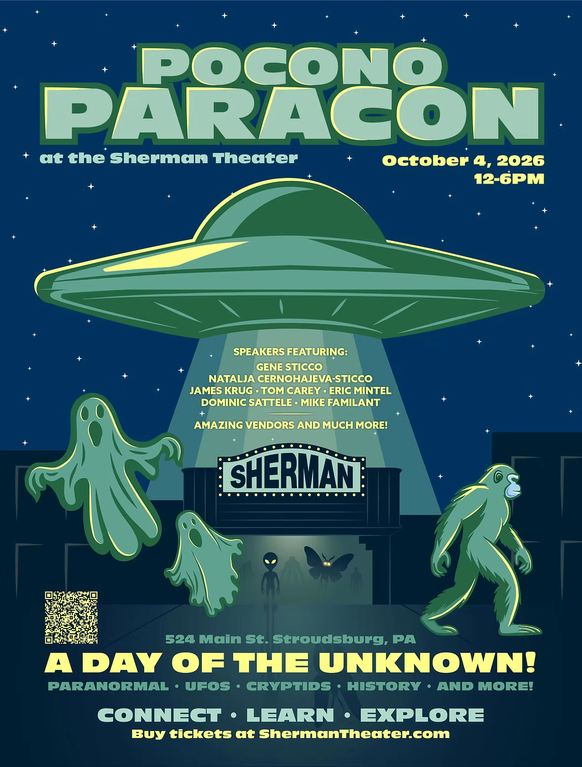 Pocono Paracon Event Flyer 2026 at Sherman Theater featuring cryptids and UFO