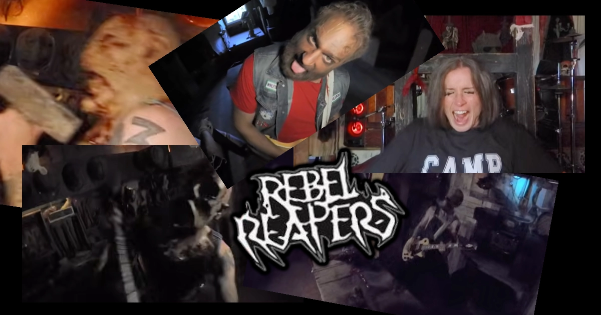 Rebel Reapers Play With Her Guts Video Shoot at Hotel of Horror featuring the band and model from the video