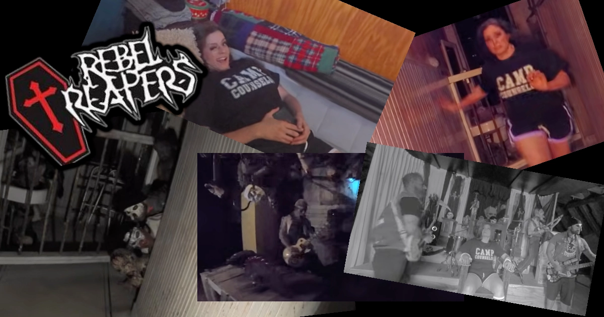 Video still collage of Play With Her Guts Rebel Reapers video shoot at Hotel of Horror